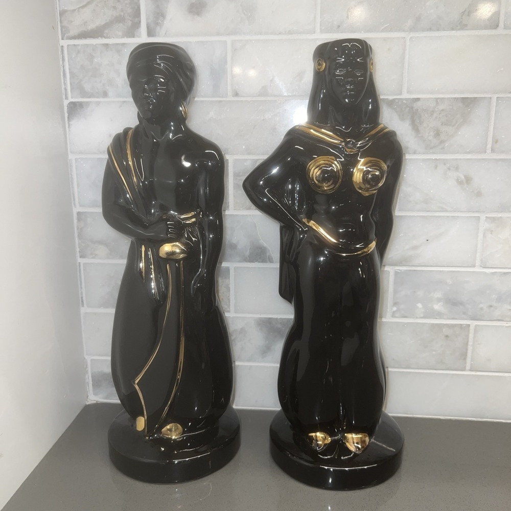Vintage Eastern Style Man Woman Figurine Black Gold Accent Lot 3739